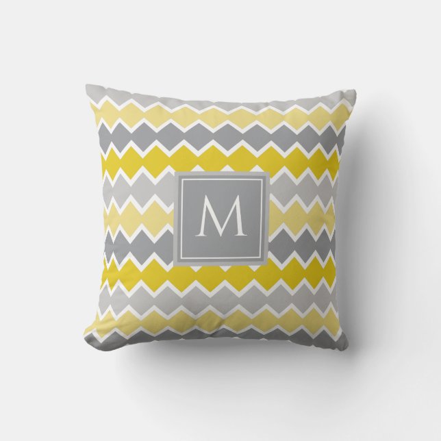 Yellow and Grey Pattern  Monogram Throw Pillow (Front)