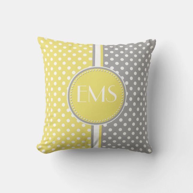 Yellow and Grey Polka Dot Monogram Pillow (Front)