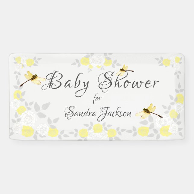 Yellow and Grey Roses Dragonfly Baby Shower   Bann Banner (Horizontal)