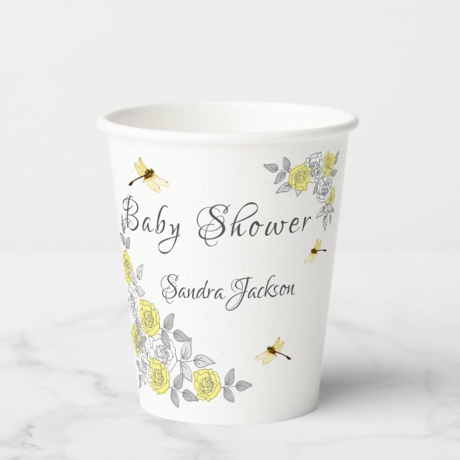 Yellow and Grey Roses Dragonfly Baby Shower  Paper Cups (Front)