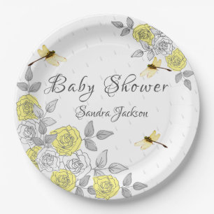 Yellow and Grey Roses Dragonfly Baby Shower Paper  Paper Plate