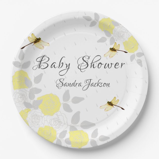 Yellow and Grey Roses Dragonfly Baby Shower Paper  Paper Plate (Front)