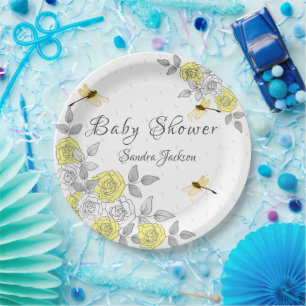 Yellow and Grey Roses Dragonfly Baby Shower Paper  Plate