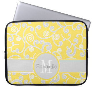 Yellow and Grey Scroll Design Custom Monogram Laptop Sleeve