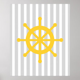 Yellow and Grey Striped Nautical Ship Wheel Poster