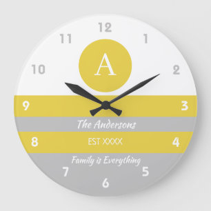 Yellow and grey stripes family name large clock