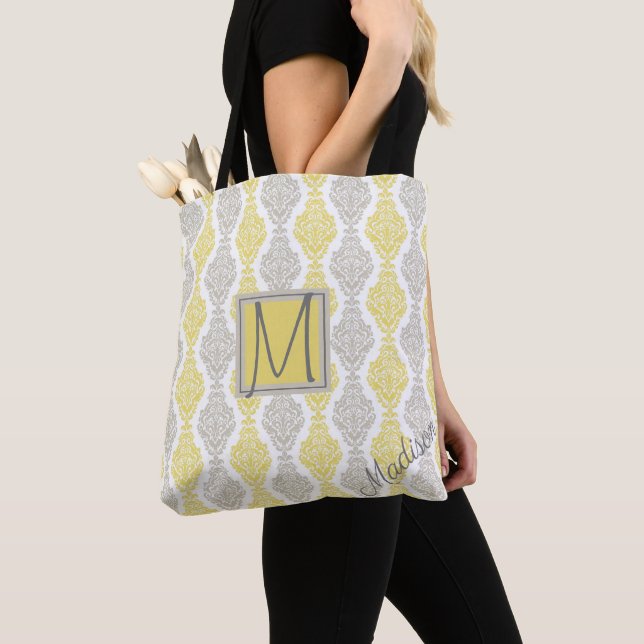 Yellow and Grey Trendy Monogram Tote Bag (Close Up)