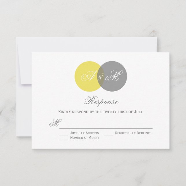 Yellow and Grey Twin Monograms Wedding RSVP Card (Front)