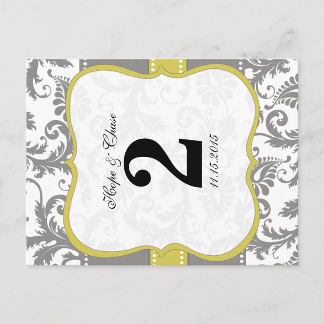 Yellow and Grey Vintage Bird Damask Postcard (Front)