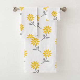Yellow and Grey Watercolor Daisy Pattern Bath Towel Set