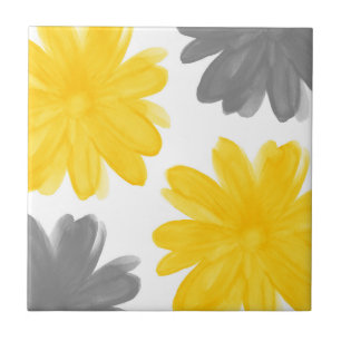 Yellow and Grey Watercolor Flowers Tile