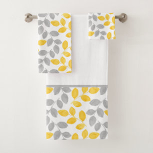 Yellow and Grey Watercolor Leaves Pattern Bath Tow Towel Set