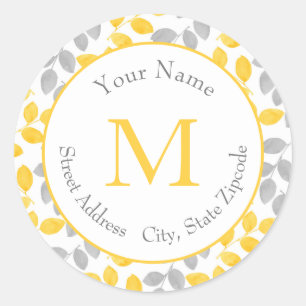 Yellow and Grey Watercolor Leaves Pattern Classic Round Sticker