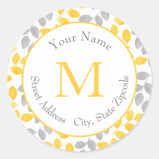 Yellow and Grey Watercolor Leaves Pattern Classic Round Sticker (Front)