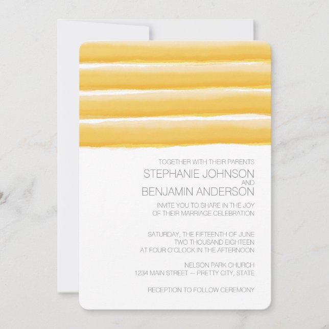 Yellow and Grey Watercolor Stripes Wedding Invitation (Front)