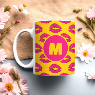 Yellow and Hot Pink XOXO Kissing Lips Personalized Coffee Mug