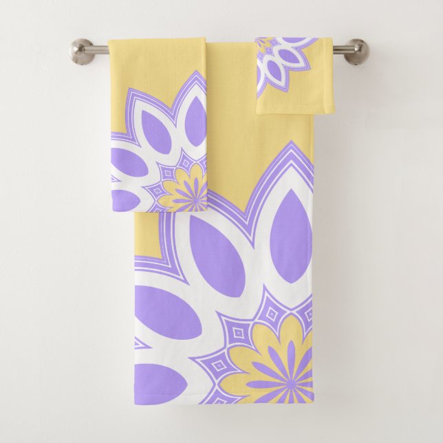 Yellow and Lavender Flower Mandala Pattern Bath Towel Set (Insitu)