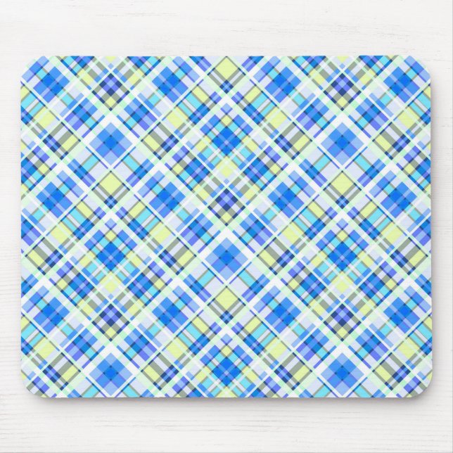 Yellow and light blue chequered print pattern mouse pad (Front)