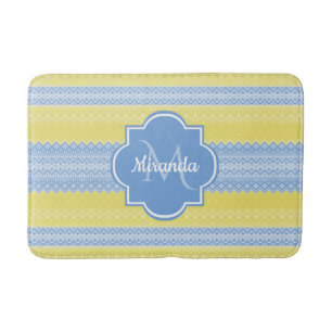 Yellow and Light Blue Knit Pattern With Monogram Bath Mat