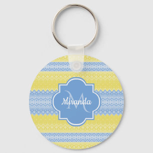 Yellow and Light Blue Knit Pattern With Monogram Keychain