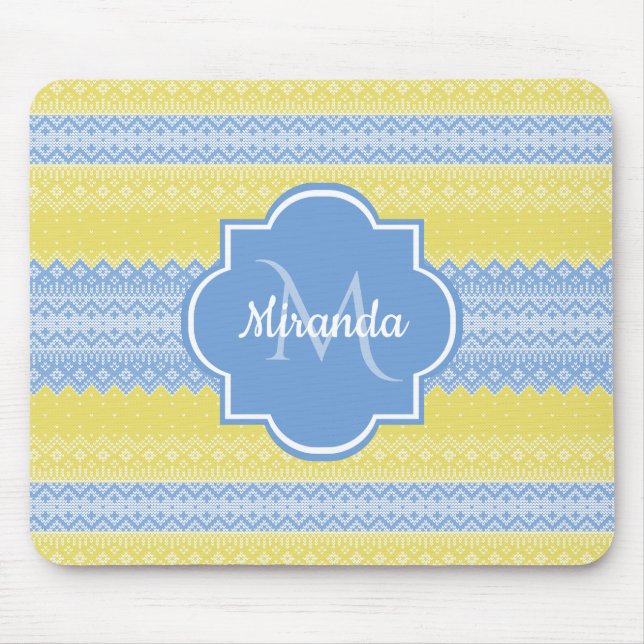Yellow and Light Blue Knit Pattern With Monogram Mouse Pad (Front)