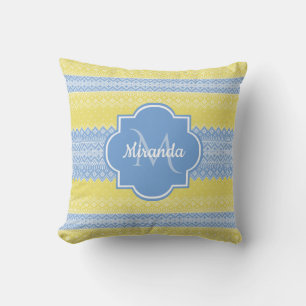 Yellow and Light Blue Knit Pattern With Monogram Throw Pillow