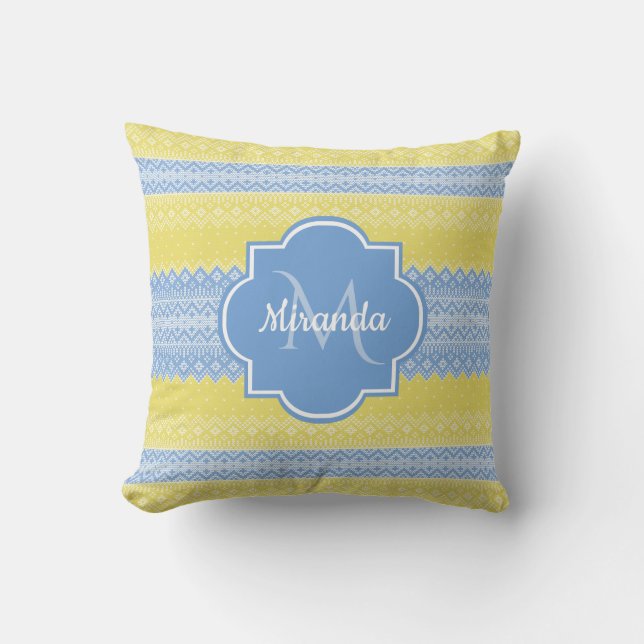 Yellow and Light Blue Knit Pattern With Monogram Throw Pillow (Front)