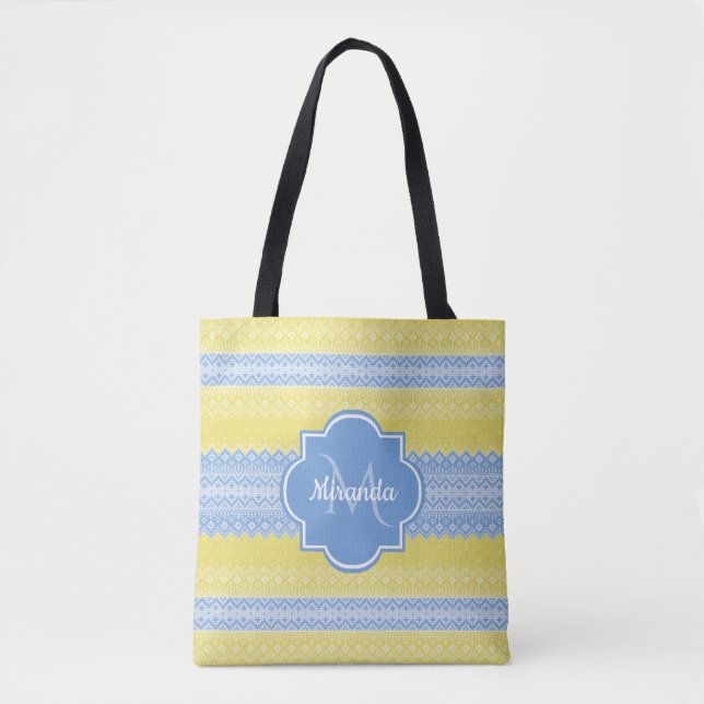 Yellow and Light Blue Knit Pattern With Monogram Tote Bag (Front)