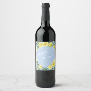 Yellow and Light Blue Rose Vintage Spring Wedding Wine Label