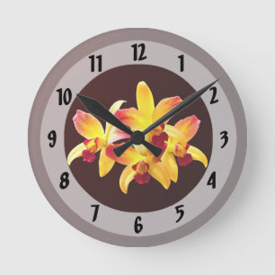 Yellow and Maroon Orchids Brassolaeliocattleya Round Clock
