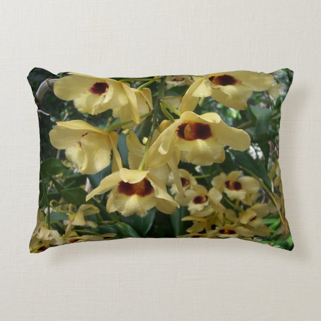 Yellow and Maroon Orchids Elegant Floral Decorative Pillow (Front)