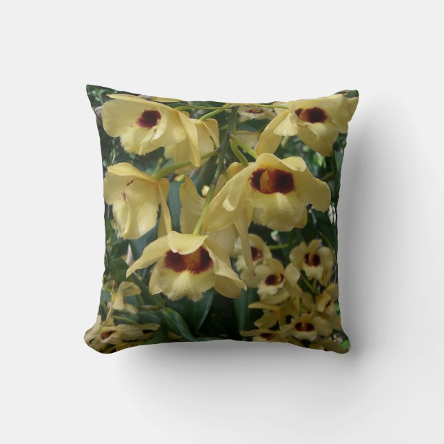 Yellow and Maroon Orchids Elegant Floral Throw Pillow (Front)