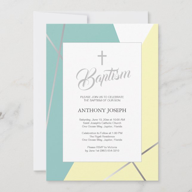 Yellow and Mint Green Baptism Invitation (Front)