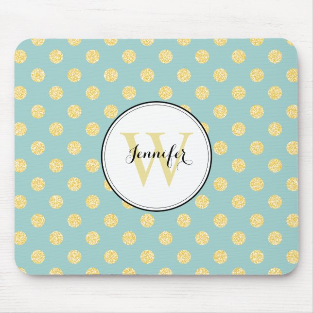 Yellow and Mint Polka Dots Pattern Monogram Mouse Pad (Front)