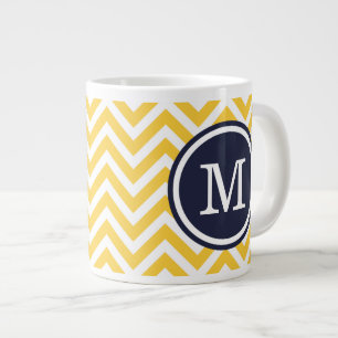 Yellow and Navy Blue Chevron Custom Monogram Large Coffee Mug