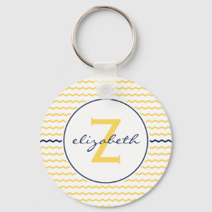 Yellow and Navy Blue Chevron Monogram Keychain