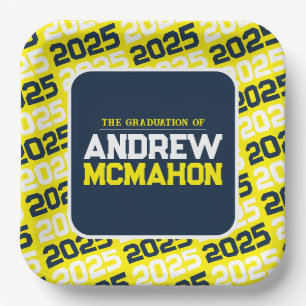 Yellow and Navy Blue Personalized Graduation Paper Plate
