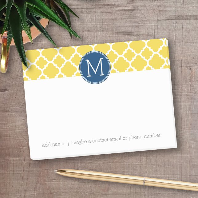 Yellow and Navy Quatrefoil Pattern Custom Monogram Post-it Notes (Personalized post-it notes - add your name and other text)