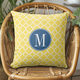 Yellow and Navy Quatrefoil Pattern Custom Monogram Throw Pillow