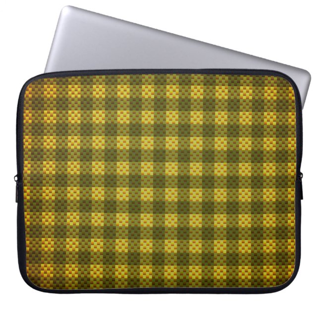 Yellow and olive chequered carbon fibre patterned laptop sleeve (Front)