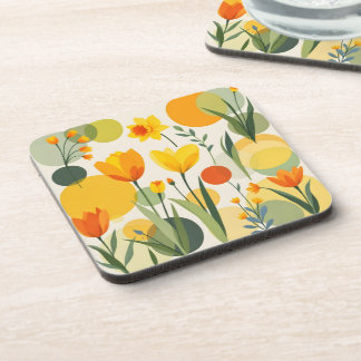 Yellow and Orange Abstract Spring Flowers Coaster