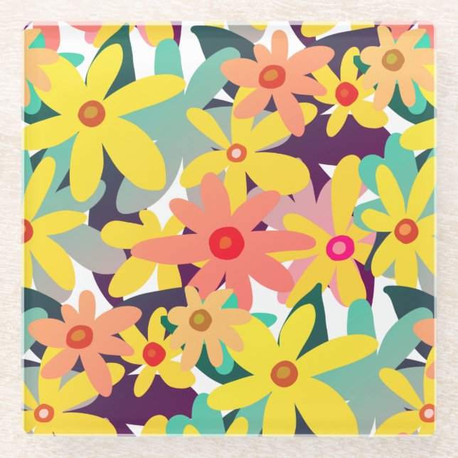 Yellow and orange flowers glass coaster (Front)