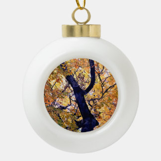 Yellow and orange leaves ceramic ball christmas ornament