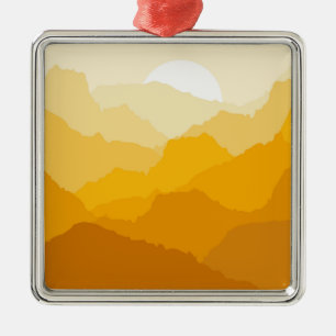 Yellow and orange mountain sunrise metal ornament