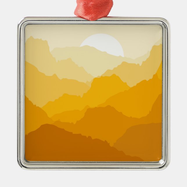 Yellow and orange mountain sunrise metal ornament (Front)