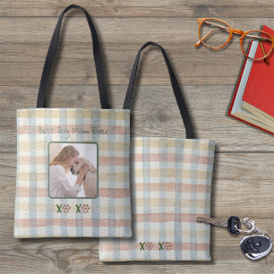 Yellow and Orange Plaid Dog Photo Best Mom Tote Bag