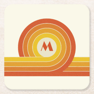 Yellow and orange retro style circles and lines square paper coaster