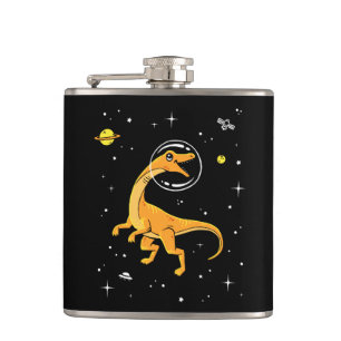 Yellow And Orange Velociraptor Dinos In Space Hip Flask