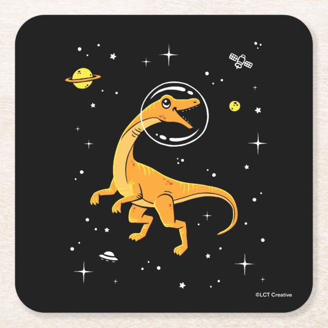 Yellow And Orange Velociraptor Dinos In Space Square Paper Coaster (Front)