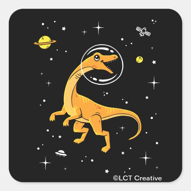 Yellow And Orange Velociraptor Dinos In Space Square Sticker (Front)